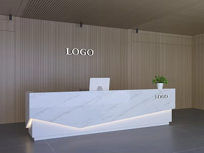 Modern Reception Desk with Marble Countertop Wooden Background Wall White Computer and Small Green Plant 3d model