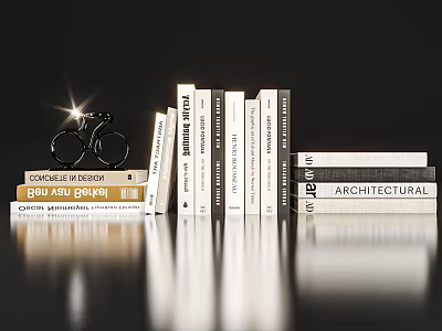 Stacked Books With Architectural Titles And Bicycle Model On Reflective Dark Background 3d model