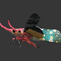 Colorful Insect Models with Green Yellow Patterned Wings Red Bodies Legs on Black Smooth Surface