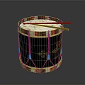 Traditional Decorative Drum With Black Body Red White Trim Floral Patterns And Wooden Drumsticks