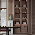 Traditional Chinese Tea Room Interior With Wooden Table Tea Sets Bookshelves And Hanging Lamps