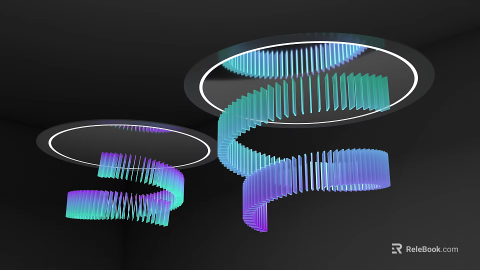 Modern Spiral Pendants In Teal And Purple Hang From Circular Rings 3d model 