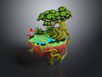 Cartoon Scene of Floating Island with Large Tree Small Pond Red Mushrooms Green Grass Vines 3d model