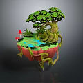Cartoon Scene of Floating Island with Large Tree Small Pond Red Mushrooms Green Grass Vines