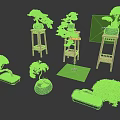 Multiple Bonsai Plants Featuring Curved Branches Green Foliage Placed on Wooden Stands and Ground