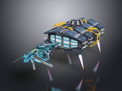 Advanced Sci Fi Mechanical Equipment with Structural Frame Blue Yellow Components Transparent Panels and Thrusters 3d model