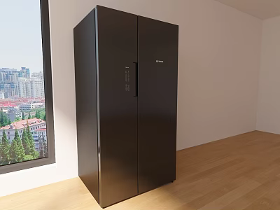 Black Double Door Refrigerator with Wooden Floor White Walls City View and Green Trees 3d model