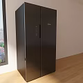 Black Double Door Refrigerator with Wooden Floor White Walls City View and Green Trees