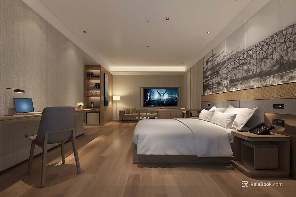 Modern Hotel Room Interior Featuring Bed TV Wooden Desk Chair Sofa And Decorative Wall Art 3d model 