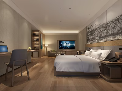 Modern Hotel Room Interior Featuring Bed TV Wooden Desk Chair Sofa And Decorative Wall Art 3d model