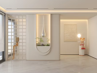 Modern Foyer Hallway Design With Glass Partition Curved Niche And Pendant Light Green Plants 3d model