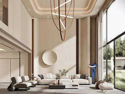 Modern Duplex Living Room Interior Design With High Ceiling Large Windows And Comfortable Sofa 3d model