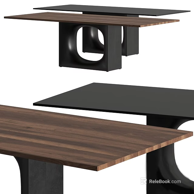 Modern Walnut Wood Dining Table With Black Metal Legs And Sleek Design Elements 3d model