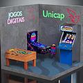Indoor Gaming Corner With Neon Signs Arcade Machines And Wooden Table
