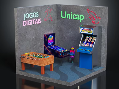 Indoor Gaming Corner With Neon Signs Arcade Machines And Wooden Table 3d model