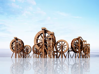 Garden Ornaments Wooden Water Wheels Arranged On Water Surface With Blue Sky White Clouds Reflections 3d model