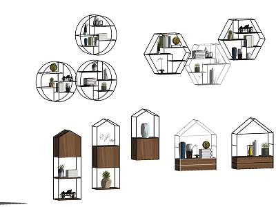 Modern Wall Cabinets With Geometric Shapes And Decorative Items Books Plants 3d model