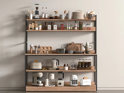 Kitchen Shelf With Various Kitchenware And Appliances 3d model