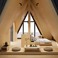 Bright Hotel Room With Triangular Wooden Roof Large Windows Comfortable Bed And Armchair