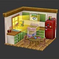 Miniature Kitchen Interior Scene With Green White Cabinets Red Refrigerator And Dining Table Chairs