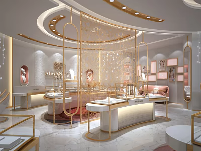 Luxury Modern Jewelry Store Interior With Gold Frame Display Cases And Elegant Lighting 3d model