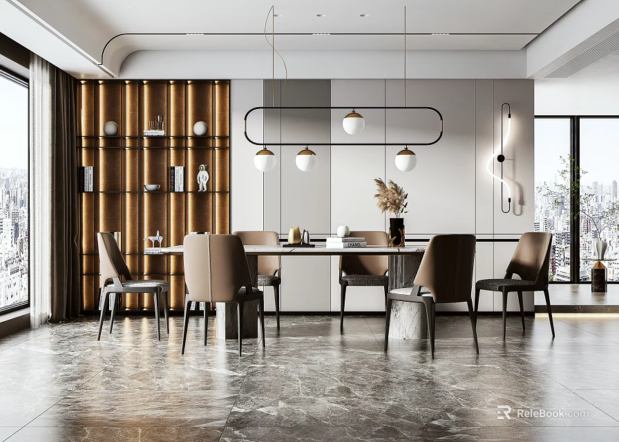 Modern Dining Table Set with Chairs Pendant Lights and Marble Flooring 3d model