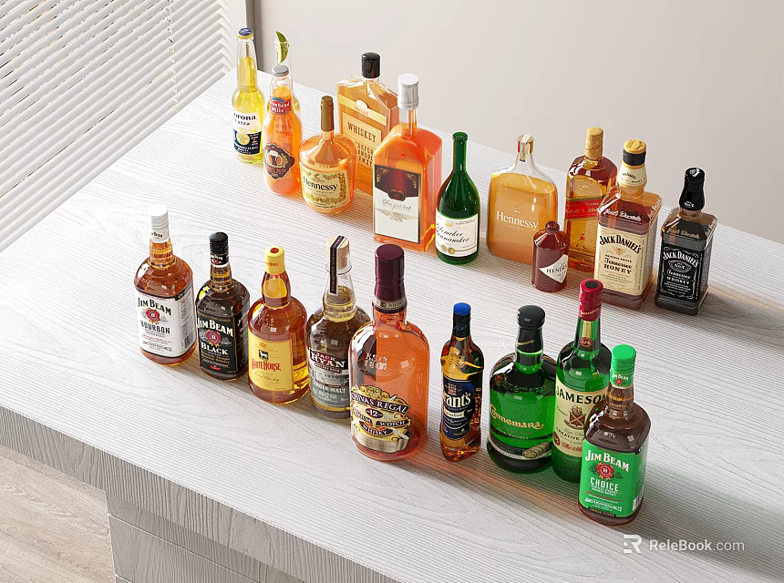 Assorted Liquor Bottles on White Table with Organized Display and Various Labels 3d model