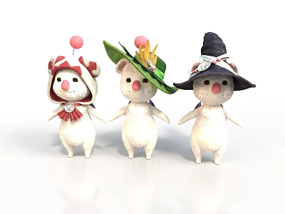 Three Adorable White Animals With Red Noses Wearing Colorful Decorative Hats 3d model