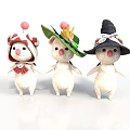Three Adorable White Animals With Red Noses Wearing Colorful Decorative Hats