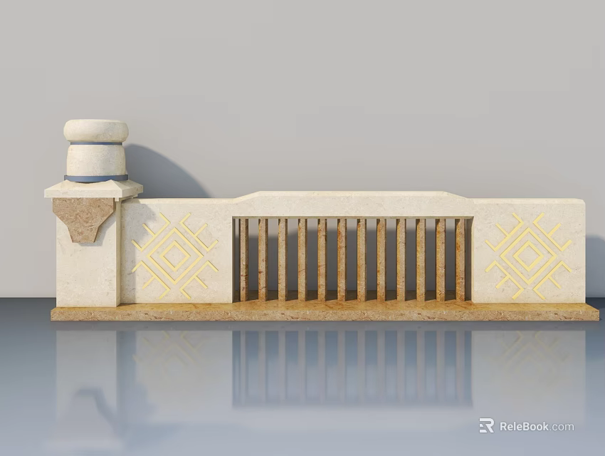 Traditional Stone Swing Door With Decorative Patterns Railing And Pillar Design 3d model