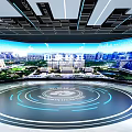Modern Digital Exhibition Hall Featuring Large Curved Screen Cityscape and Tech Inspired Circular Floor