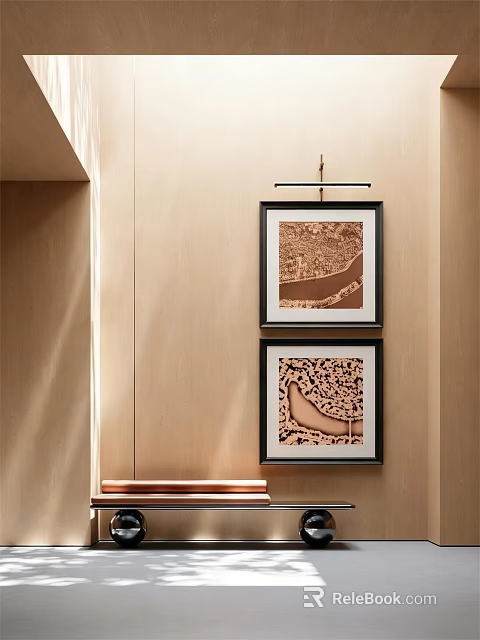 Abstract Paintings On Wooden Wall With Frames And Natural Light Effects 3d model 