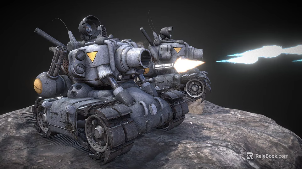 Heavy Gray Military Tanks With Yellow Triangular Marks Firing Cannon On Rocky Terrain 3d model 