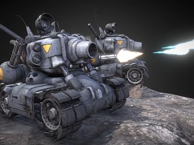 Heavy Gray Military Tanks With Yellow Triangular Marks Firing Cannon On Rocky Terrain 3d model