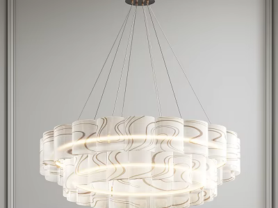 Modern White Chandelier With Gold Pattern Lines And Circular Layered Structure 3d model