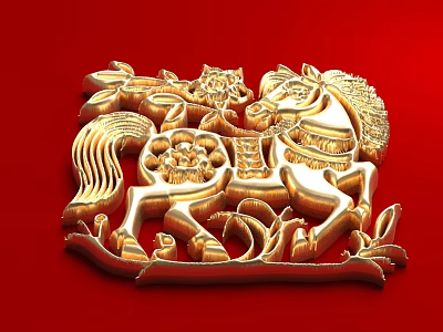 Golden Embossed Decorative Artwork Featuring Horses And Patterns On Red Background 3d model