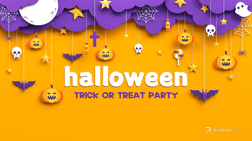 Halloween Trick or Treat Party with Jack O Lanterns Stars Bats Skull Spiderweb and Candy 3d model 