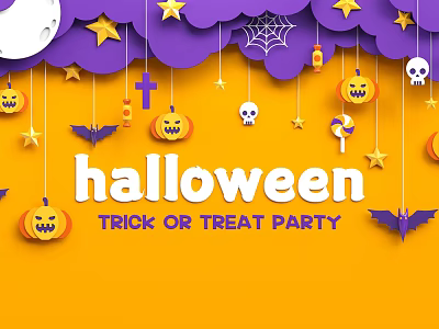 Halloween Trick or Treat Party with Jack O Lanterns Stars Bats Skull Spiderweb and Candy 3d model