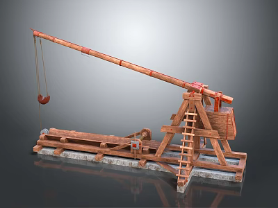 Ancient Wooden Catapult Siege Weapon With Ladder Wheels And Hanging Hook 3d model