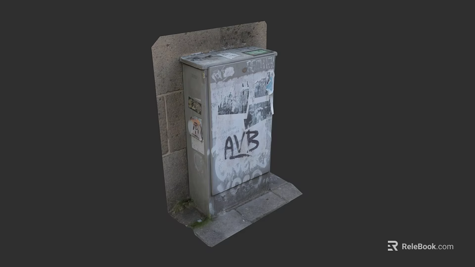 Old Metal Box With Graffiti Stickers Against Gray Brick Wall Background 3d model 