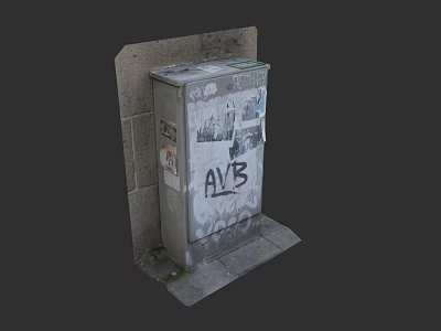Old Metal Box With Graffiti Stickers Against Gray Brick Wall Background 3d model