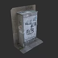 Old Metal Box With Graffiti Stickers Against Gray Brick Wall Background