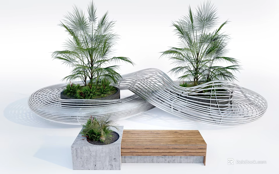 Landscape Seats Featuring Wavy Metal Design Wooden Seats Concrete Base And Palm Like Plants 3d model 