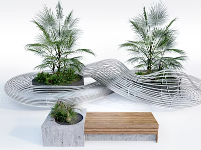 Landscape Seats Featuring Wavy Metal Design Wooden Seats Concrete Base And Palm Like Plants 3d model