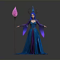 Fantasy Woman in Blue and Purple Long Dress with Horned Headdress Holding Pink Torch