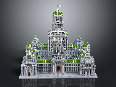 Cartoon Scene Featuring Classical Building with Green Domes White Structure Red Doors and Multiple Towers 3d model