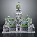 Cartoon Scene Featuring Classical Building with Green Domes White Structure Red Doors and Multiple Towers