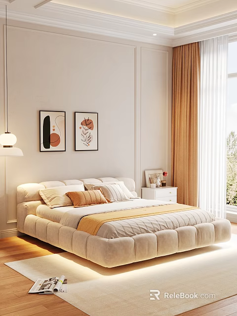 Upholstered Double Bed with Beige Brown Pillows Yellow Blanket Decorative Paintings Nightstand and Window Curtains 3d model 