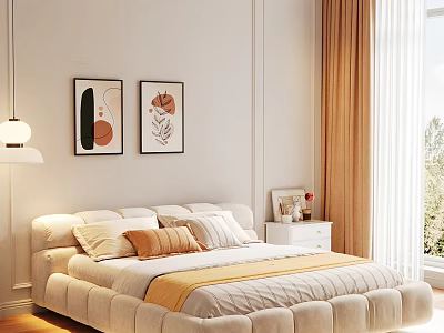 Upholstered Double Bed with Beige Brown Pillows Yellow Blanket Decorative Paintings Nightstand and Window Curtains 3d model