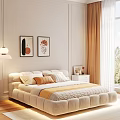 Upholstered Double Bed with Beige Brown Pillows Yellow Blanket Decorative Paintings Nightstand and Window Curtains